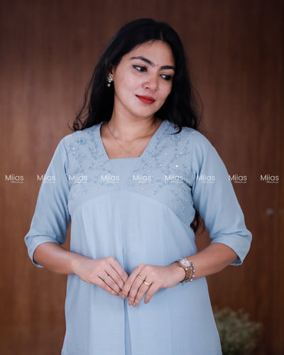 Dhara Silk Dress Kurti | Beaded Sequin Yoke + Box Pleats | Powder Blue