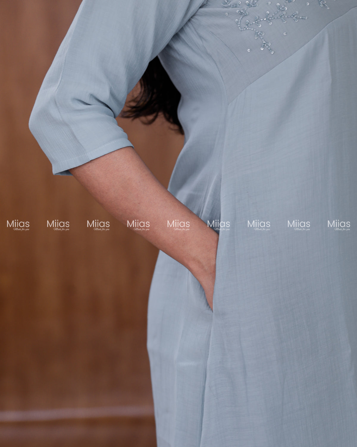 Dhara Silk Dress Kurti | Beaded Sequin Yoke + Box Pleats | Powder Blue
