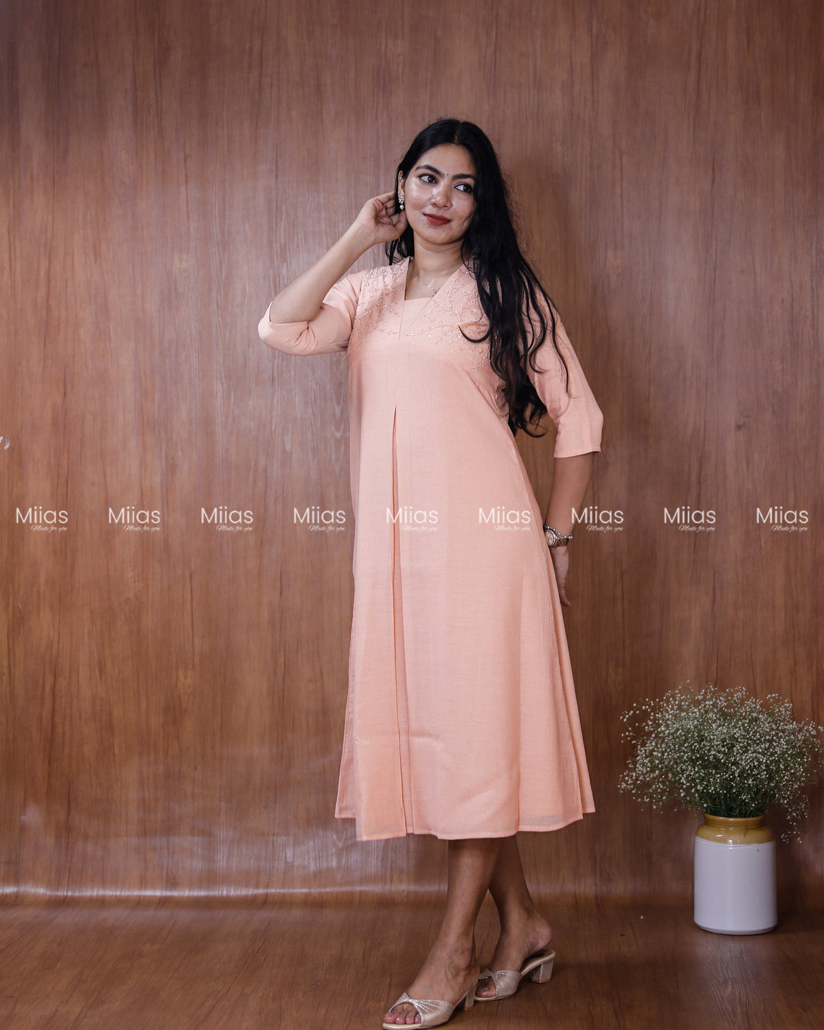 Dhara Silk Dress Kurti | Beaded Sequin Yoke + Box Pleats | Peach