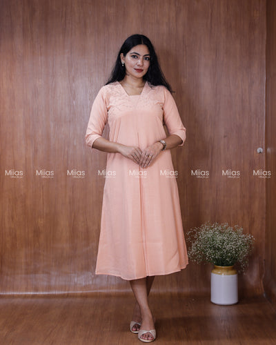 Dhara Silk Dress Kurti | Beaded Sequin Yoke + Box Pleats | Peach