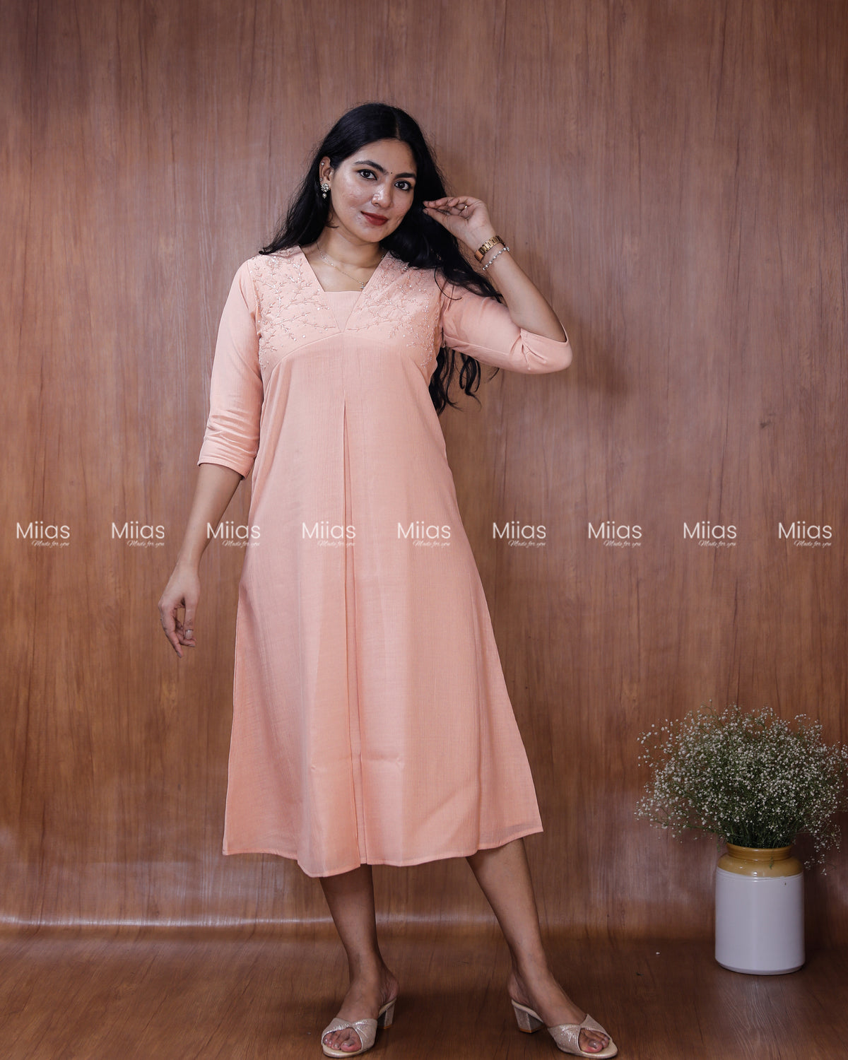 Dhara Silk Dress Kurti | Beaded Sequin Yoke + Box Pleats | Peach