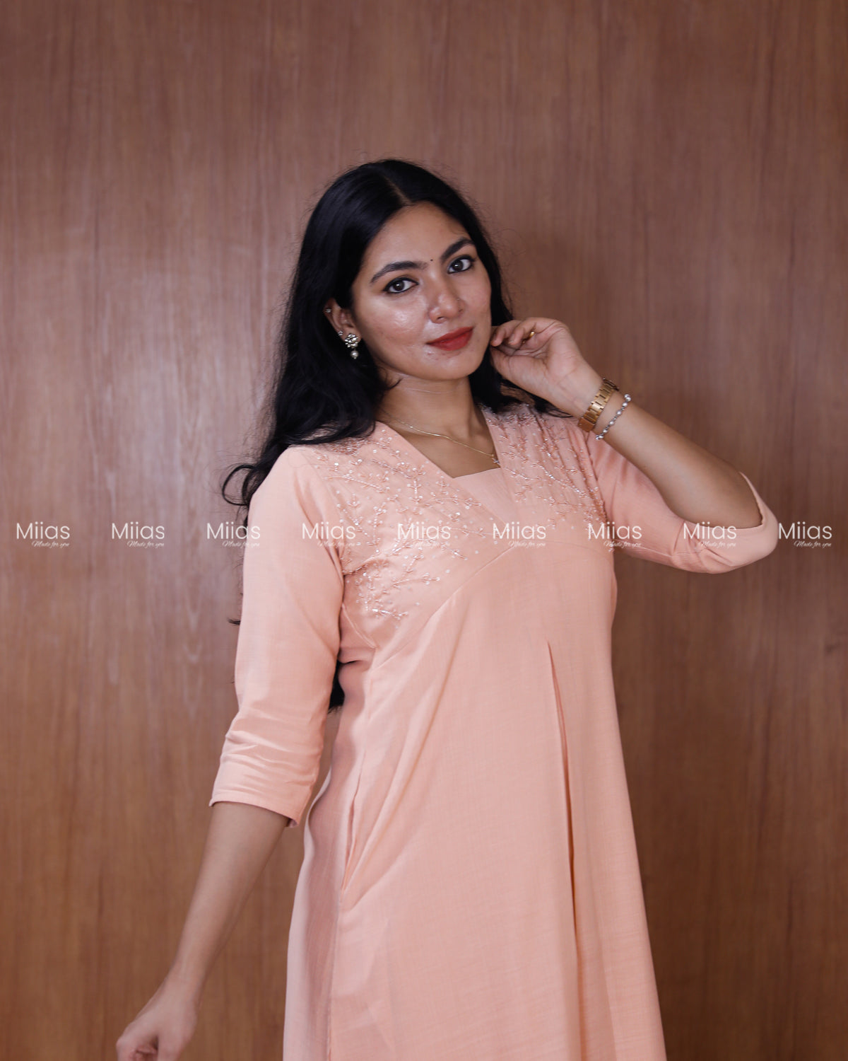 Dhara Silk Dress Kurti | Beaded Sequin Yoke + Box Pleats | Peach