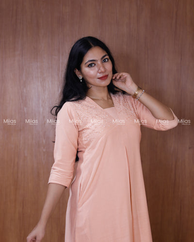 Dhara Silk Dress Kurti | Beaded Sequin Yoke + Box Pleats | Peach