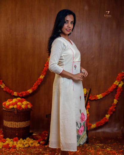 Embroidered Cotton Kurti | V-Neck A-Line | Handcrafted Elegance-Pink