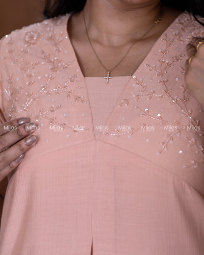 Dhara Silk Dress Kurti | Beaded Sequin Yoke + Box Pleats | Peach