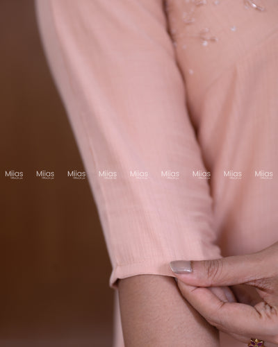 Dhara Silk Dress Kurti | Beaded Sequin Yoke + Box Pleats | Peach