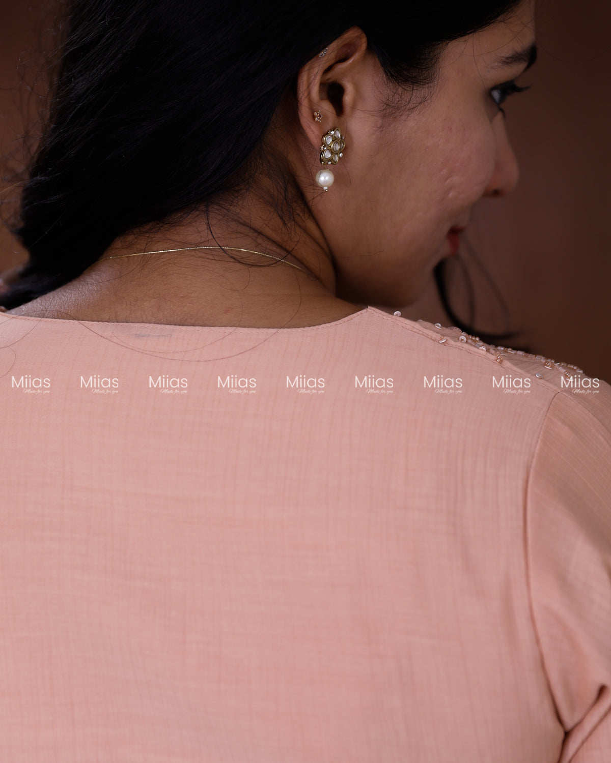 Dhara Silk Dress Kurti | Beaded Sequin Yoke + Box Pleats | Peach