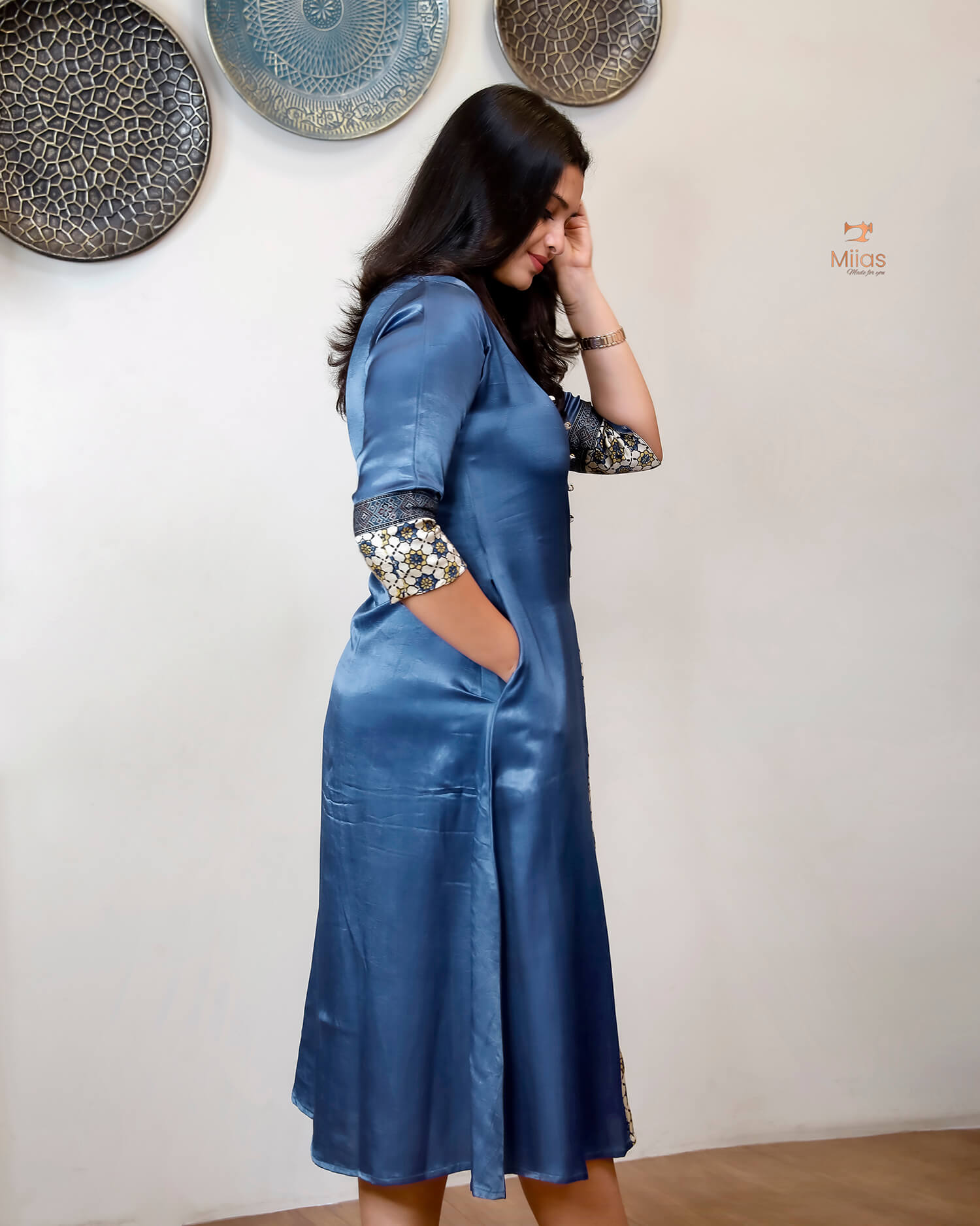 Mashru Silk A-Line Kurti | Luxury Ajrakh Silk Trim-Royal Blue.