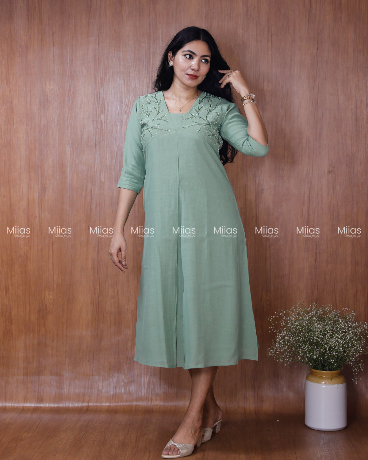 Dhara Silk Dress Kurti | Beaded Sequin Yoke + Box Pleats | Pastel Green