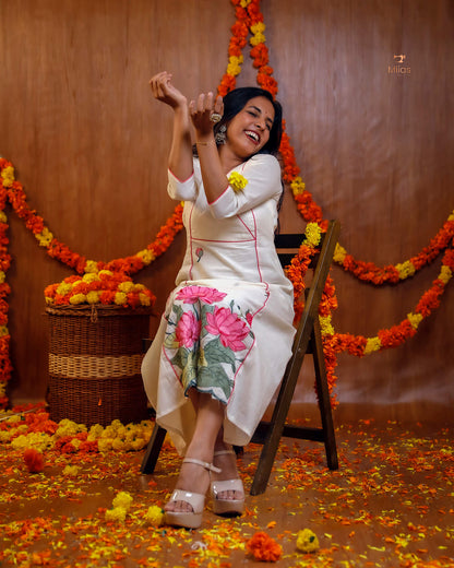 Embroidered Cotton Kurti | V-Neck A-Line | Handcrafted Elegance-Pink