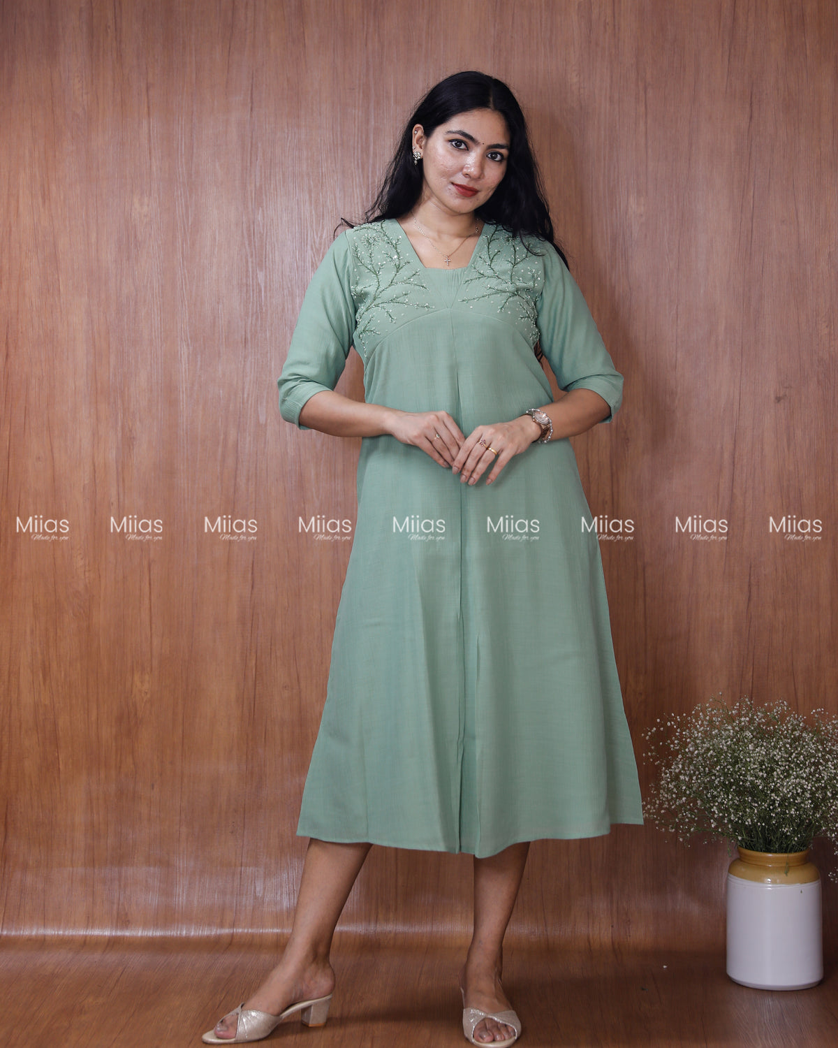 Dhara Silk Dress Kurti | Beaded Sequin Yoke + Box Pleats | Pastel Green