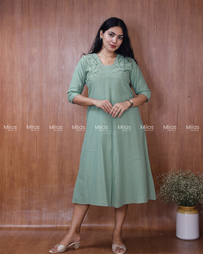 Dhara Silk Dress Kurti | Beaded Sequin Yoke + Box Pleats | Pastel Green