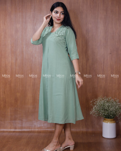Dhara Silk Dress Kurti | Beaded Sequin Yoke + Box Pleats | Pastel Green