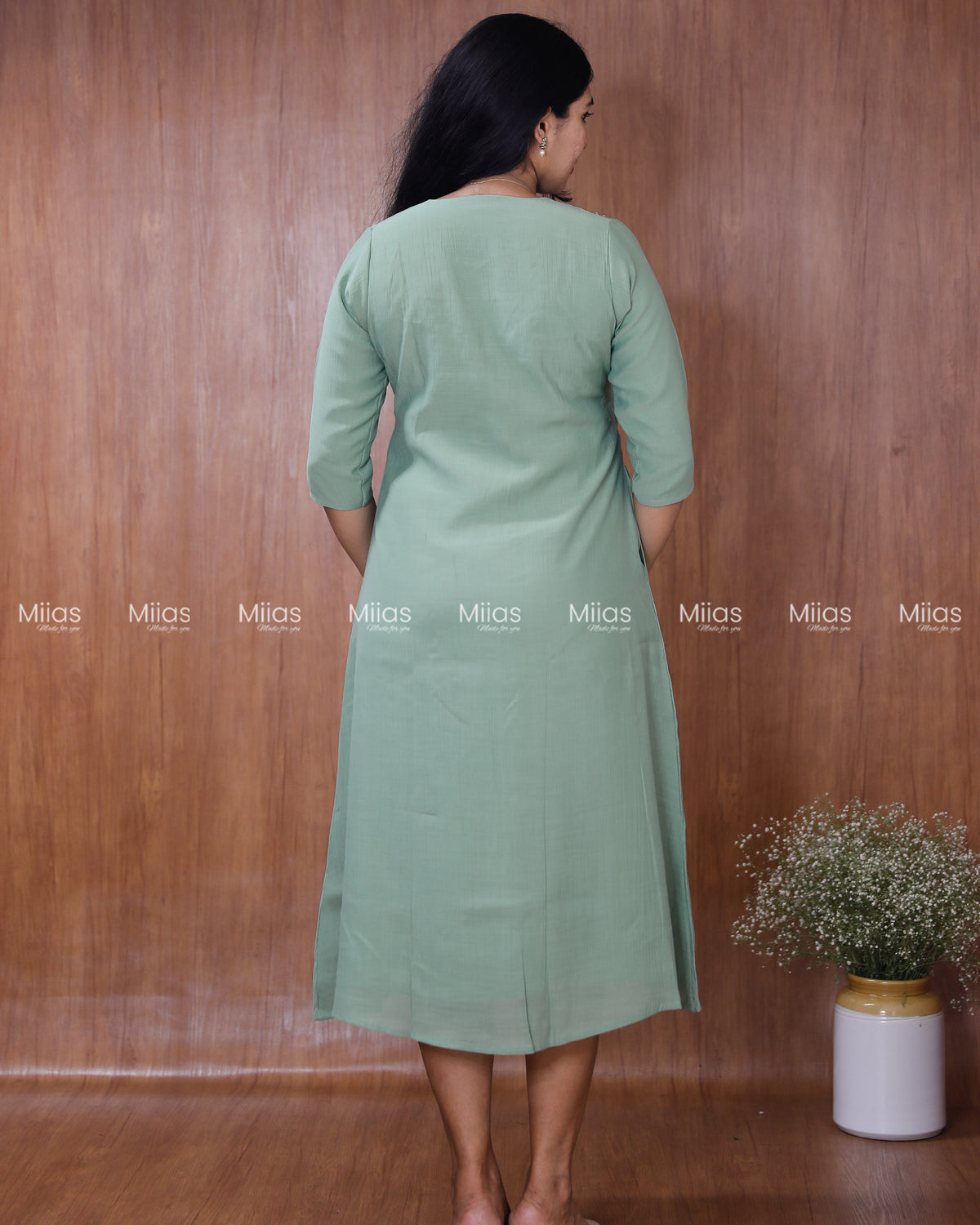 Dhara Silk Dress Kurti | Beaded Sequin Yoke + Box Pleats | Pastel Green