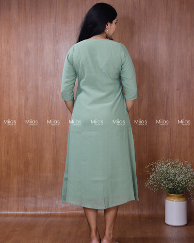 Dhara Silk Dress Kurti | Beaded Sequin Yoke + Box Pleats | Pastel Green