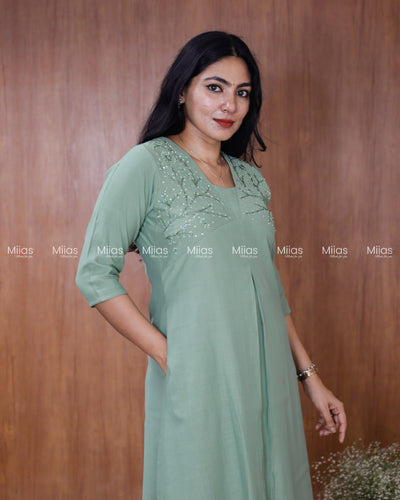 Dhara Silk Dress Kurti | Beaded Sequin Yoke + Box Pleats | Pastel Green