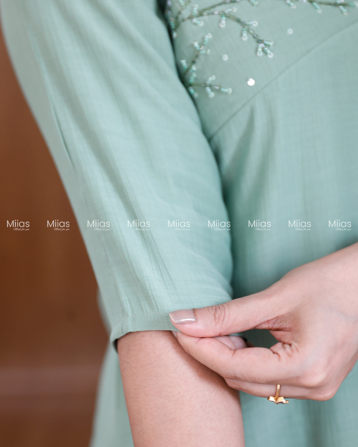 Dhara Silk Dress Kurti | Beaded Sequin Yoke + Box Pleats | Pastel Green