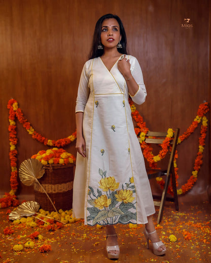 Embroidered Cotton Kurti | V-Neck A-Line | Handcrafted Elegance-Yellow