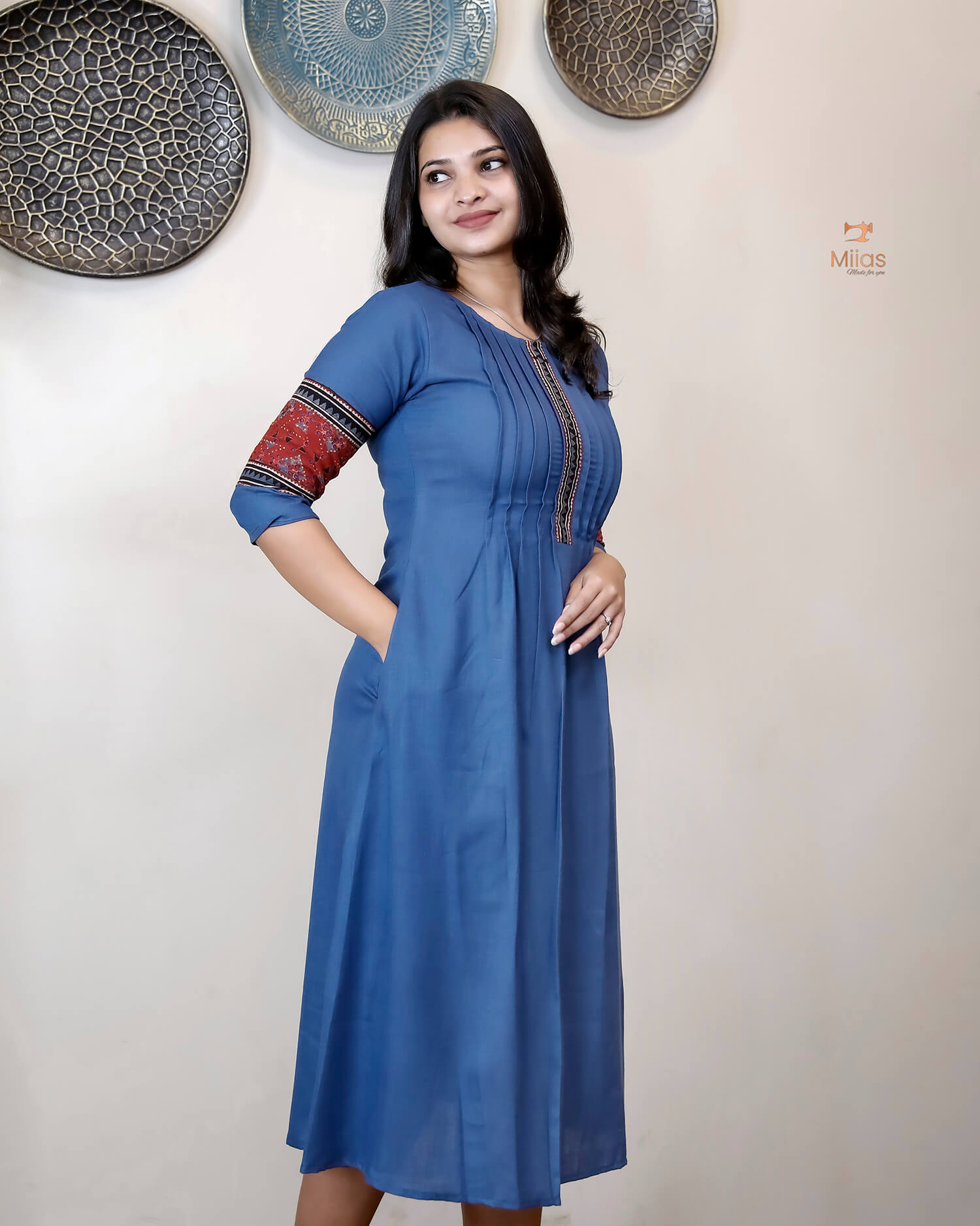 Pure Cotton Kurti: Ajrakh Patches, Pintucks & Pocket-Blue
