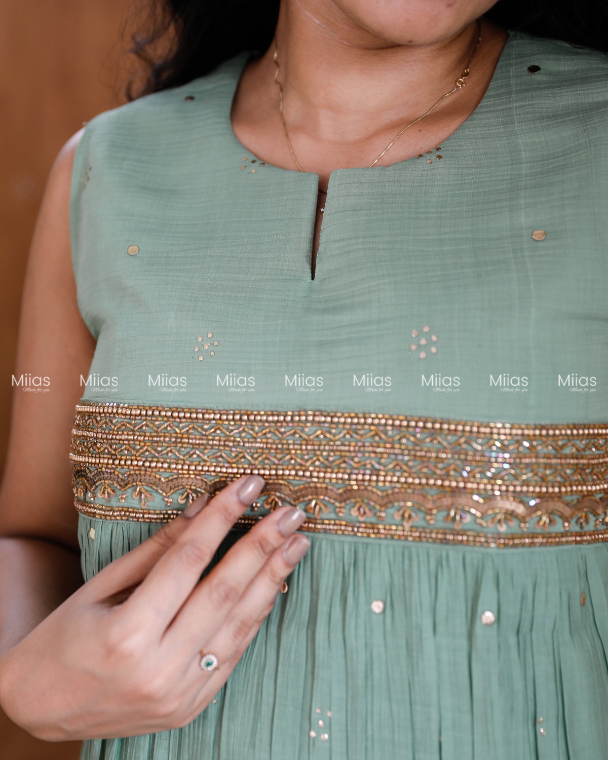 Crushed Dhara Silk Kurti | Mukaish + Beaded Sequin Yoke | Pastel Green