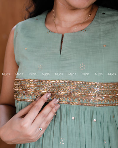 Crushed Dhara Silk Kurti | Mukaish + Beaded Sequin Yoke | Pastel Green