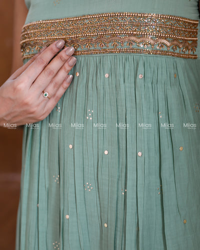 Crushed Dhara Silk Kurti | Mukaish + Beaded Sequin Yoke | Pastel Green