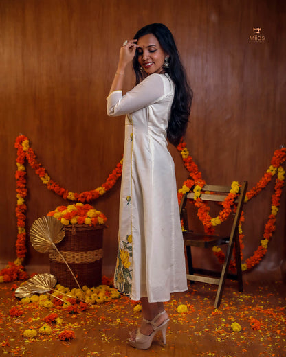 Embroidered Cotton Kurti | V-Neck A-Line | Handcrafted Elegance-Yellow