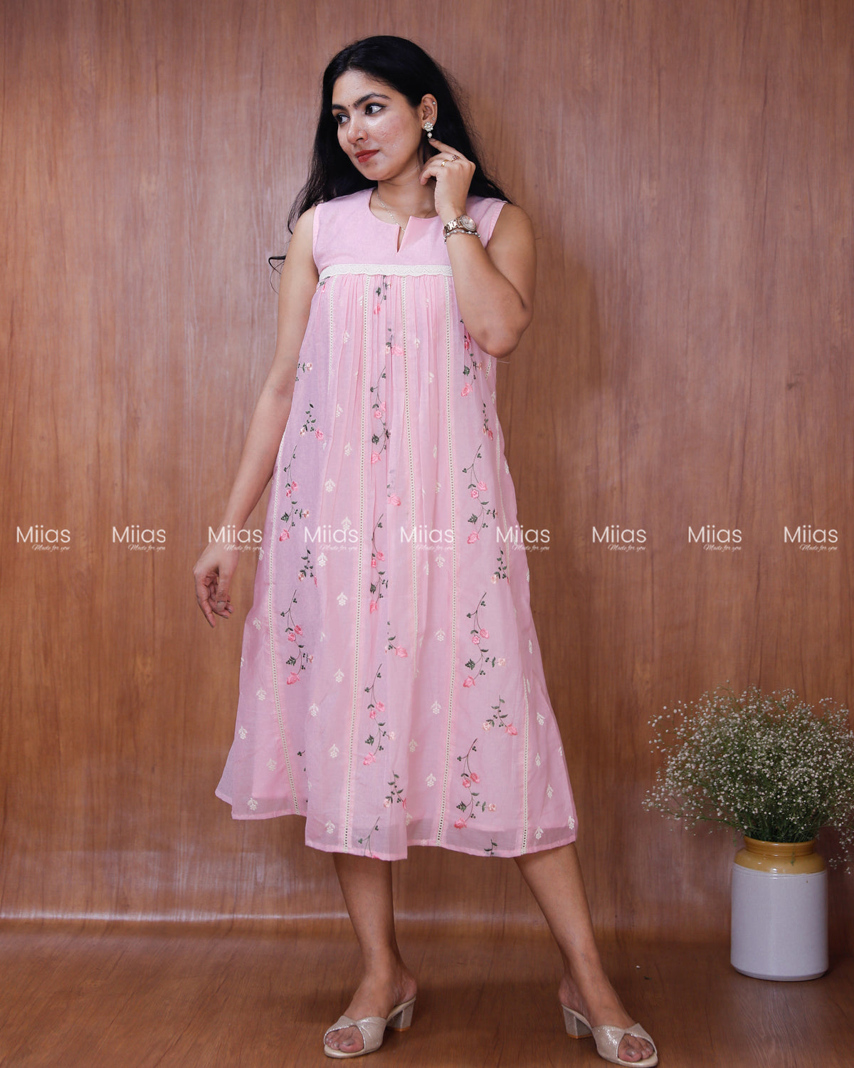 Mul Chanderi Dress Kurti | Embroidered Front + Sleeveless + Lined | Baby Pink