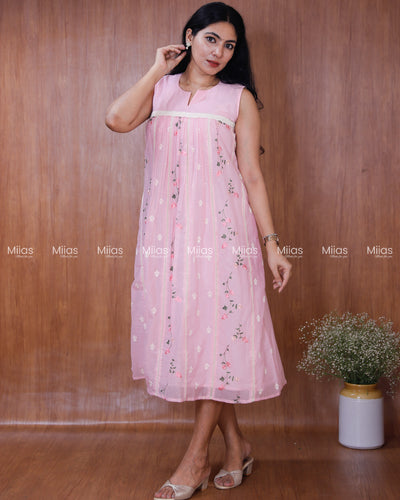 Mul Chanderi Dress Kurti | Embroidered Front + Sleeveless + Lined | Baby Pink