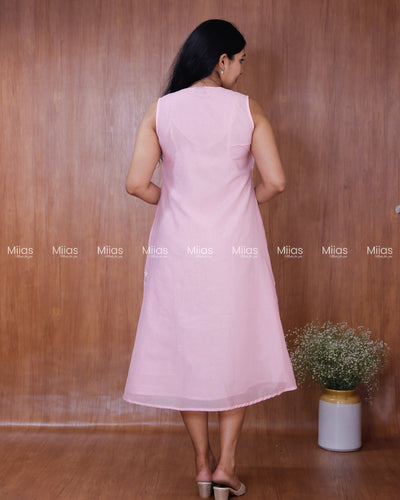Mul Chanderi Dress Kurti | Embroidered Front + Sleeveless + Lined | Baby Pink