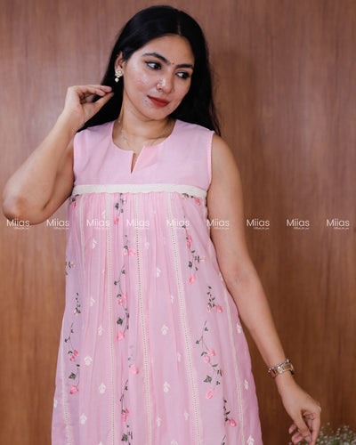 Mul Chanderi Dress Kurti | Embroidered Front + Sleeveless + Lined | Baby Pink