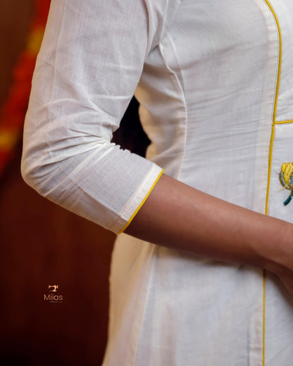 Embroidered Cotton Kurti | V-Neck A-Line | Handcrafted Elegance-Yellow