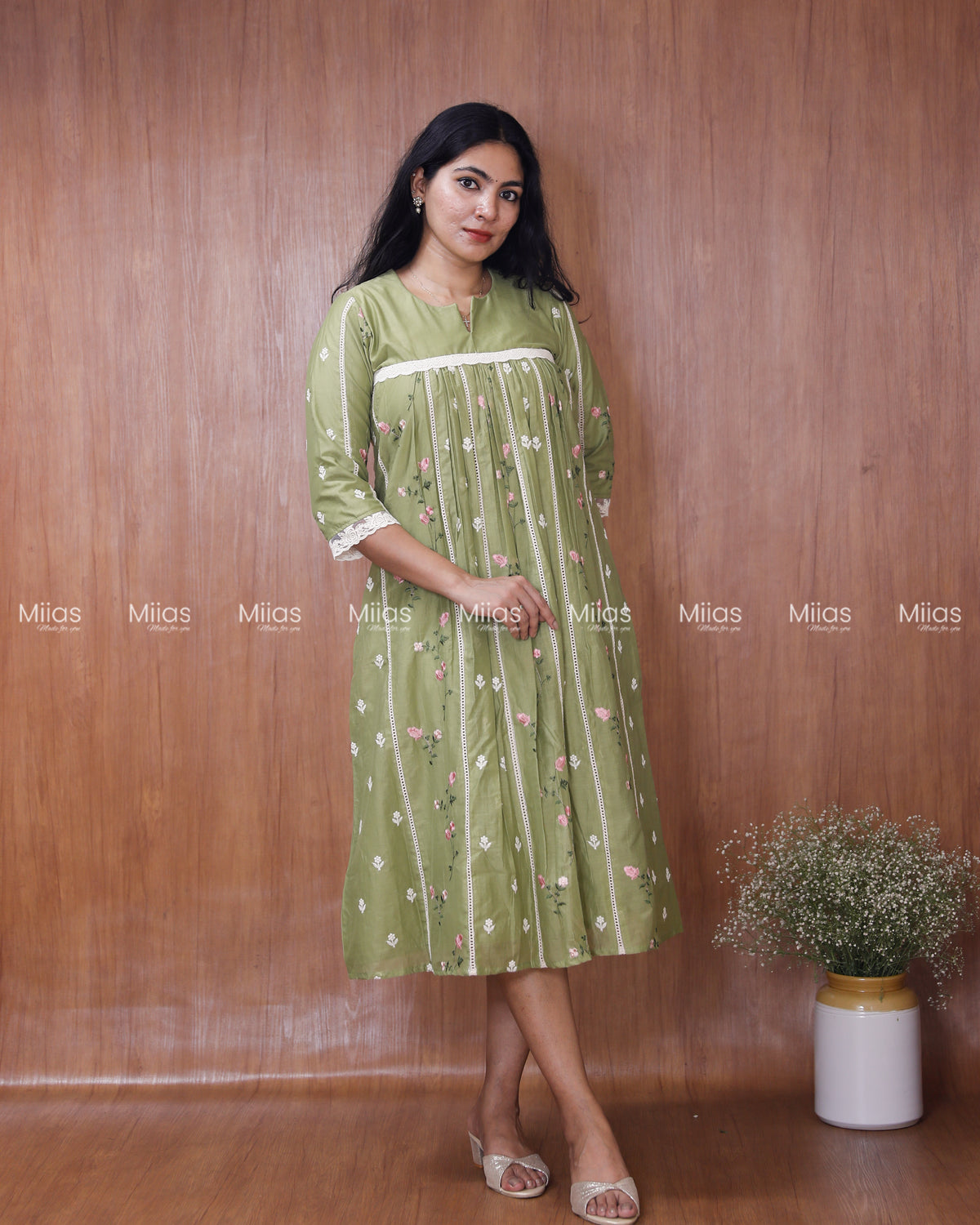 Mul Chanderi Dress Kurti | Embroidered Front + Lace + Lined | Pastel Green