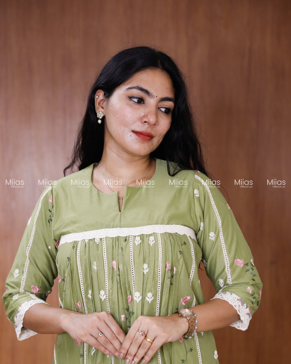 Mul Chanderi Dress Kurti | Embroidered Front + Lace + Lined | Pastel Green