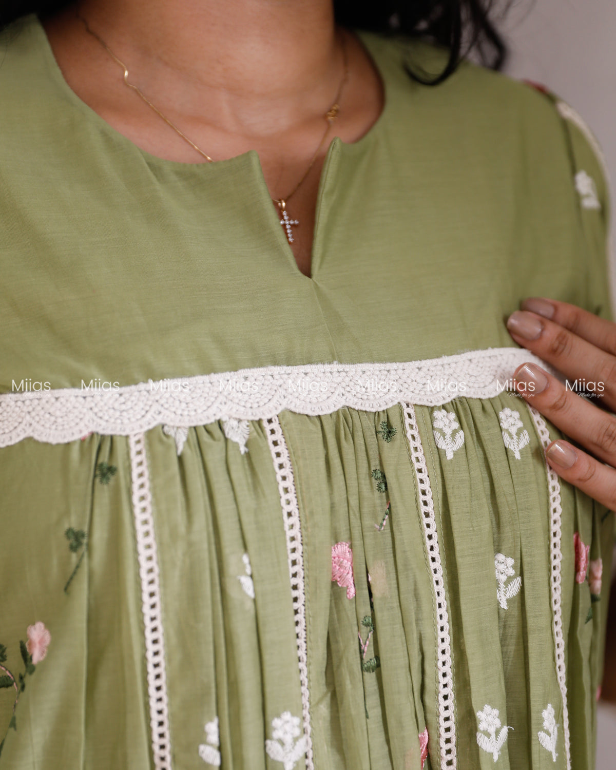Mul Chanderi Dress Kurti | Embroidered Front + Lace + Lined | Pastel Green
