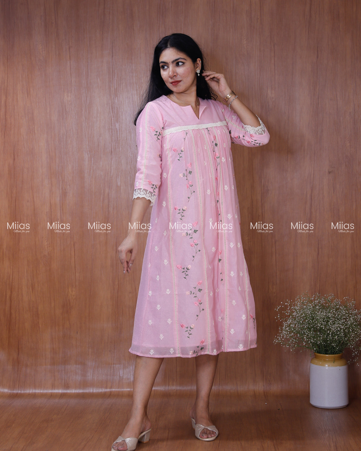 Mul Chanderi Dress Kurti | Embroidered Front + Lace + Lined | Baby Pink