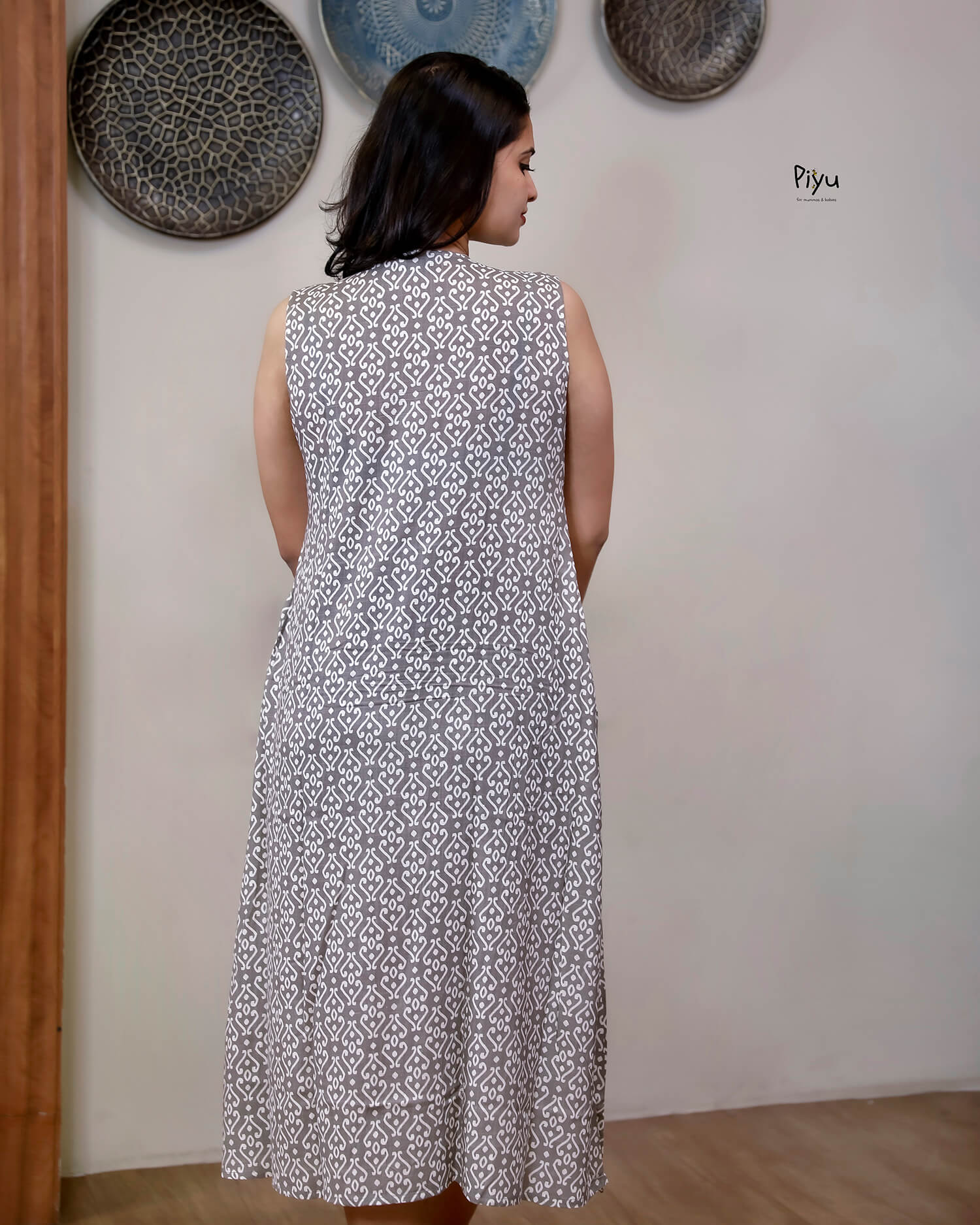 Cotton Maternity Dress with Dual Nursing Zippers-Grey