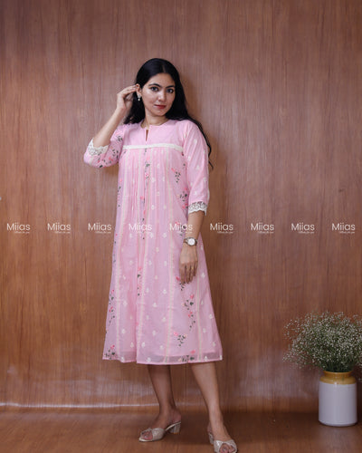 Mul Chanderi Dress Kurti | Embroidered Front + Lace + Lined | Baby Pink