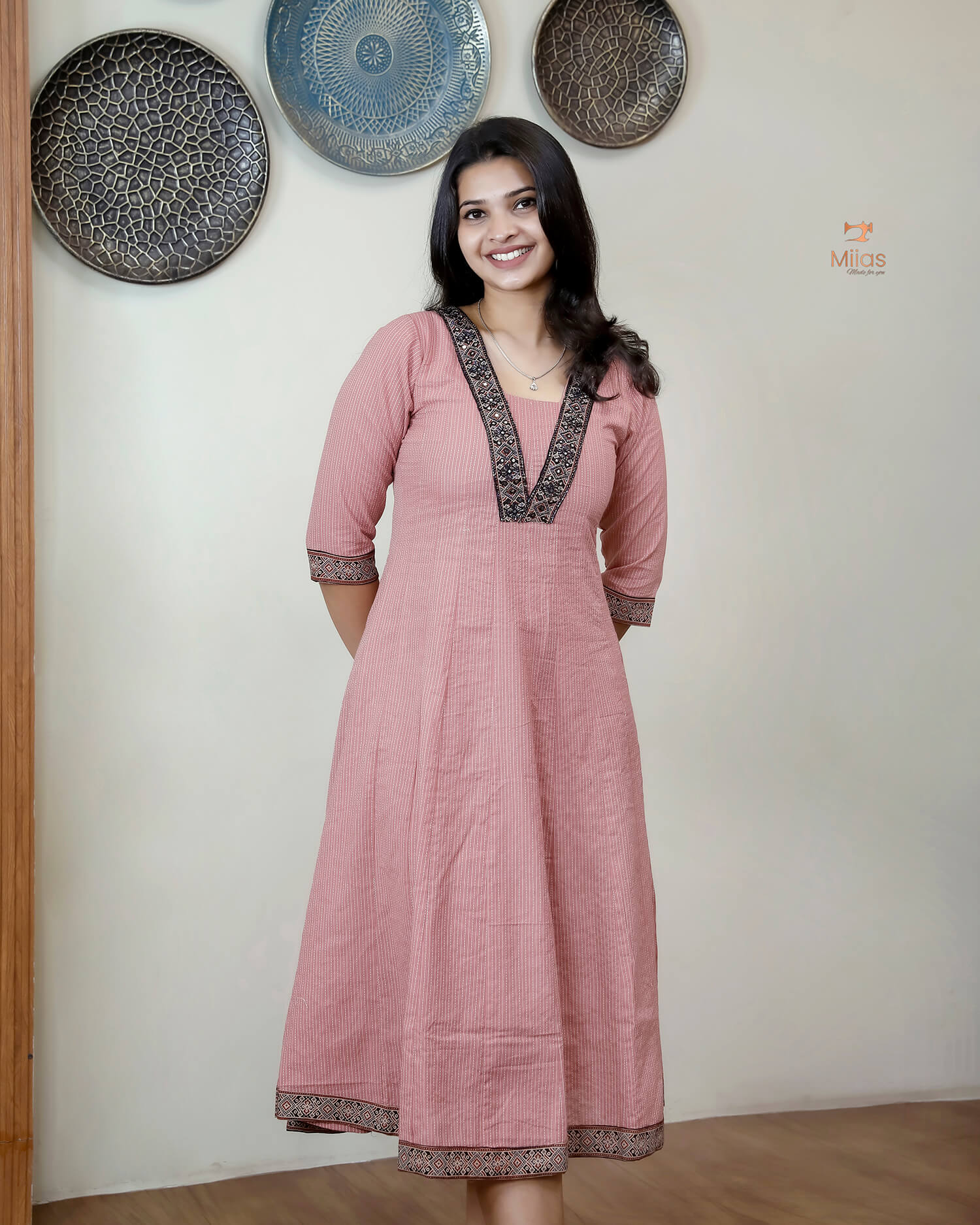 Kantha Cotton Kurti | Panel Cut with Ajrakh Print-Pink.