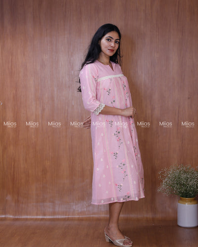 Mul Chanderi Dress Kurti | Embroidered Front + Lace + Lined | Baby Pink
