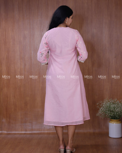 Mul Chanderi Dress Kurti | Embroidered Front + Lace + Lined | Baby Pink