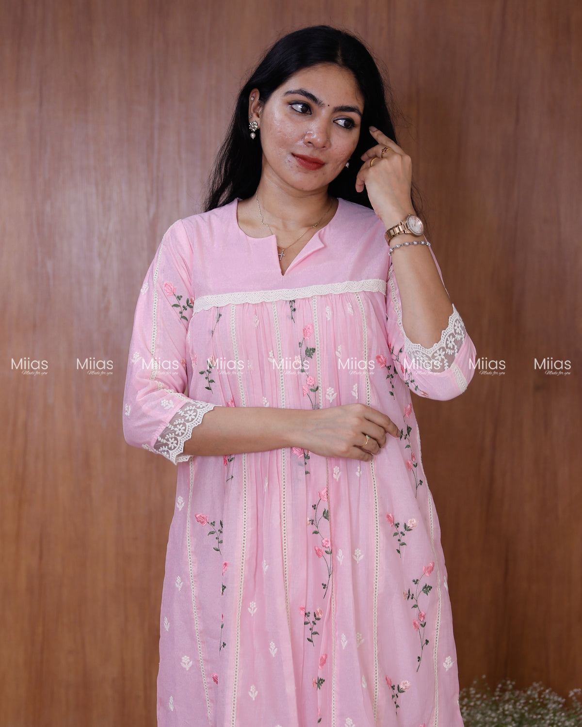 Mul Chanderi Dress Kurti | Embroidered Front + Lace + Lined | Baby Pink