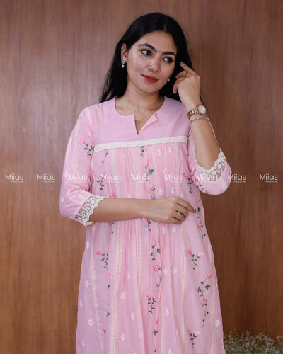 Mul Chanderi Dress Kurti | Embroidered Front + Lace + Lined | Baby Pink