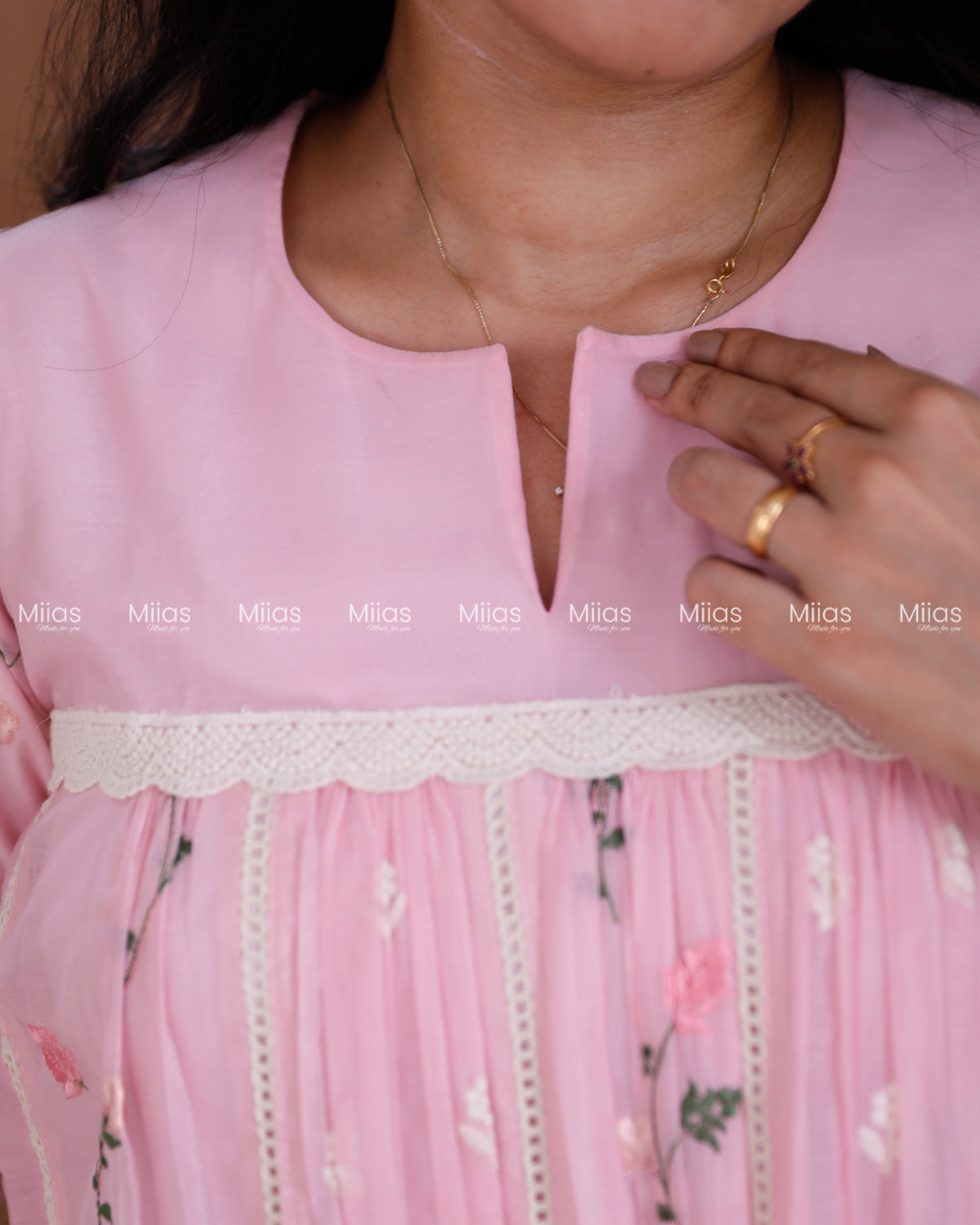 Mul Chanderi Dress Kurti | Embroidered Front + Lace + Lined | Baby Pink