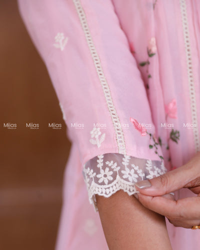 Mul Chanderi Dress Kurti | Embroidered Front + Lace + Lined | Baby Pink