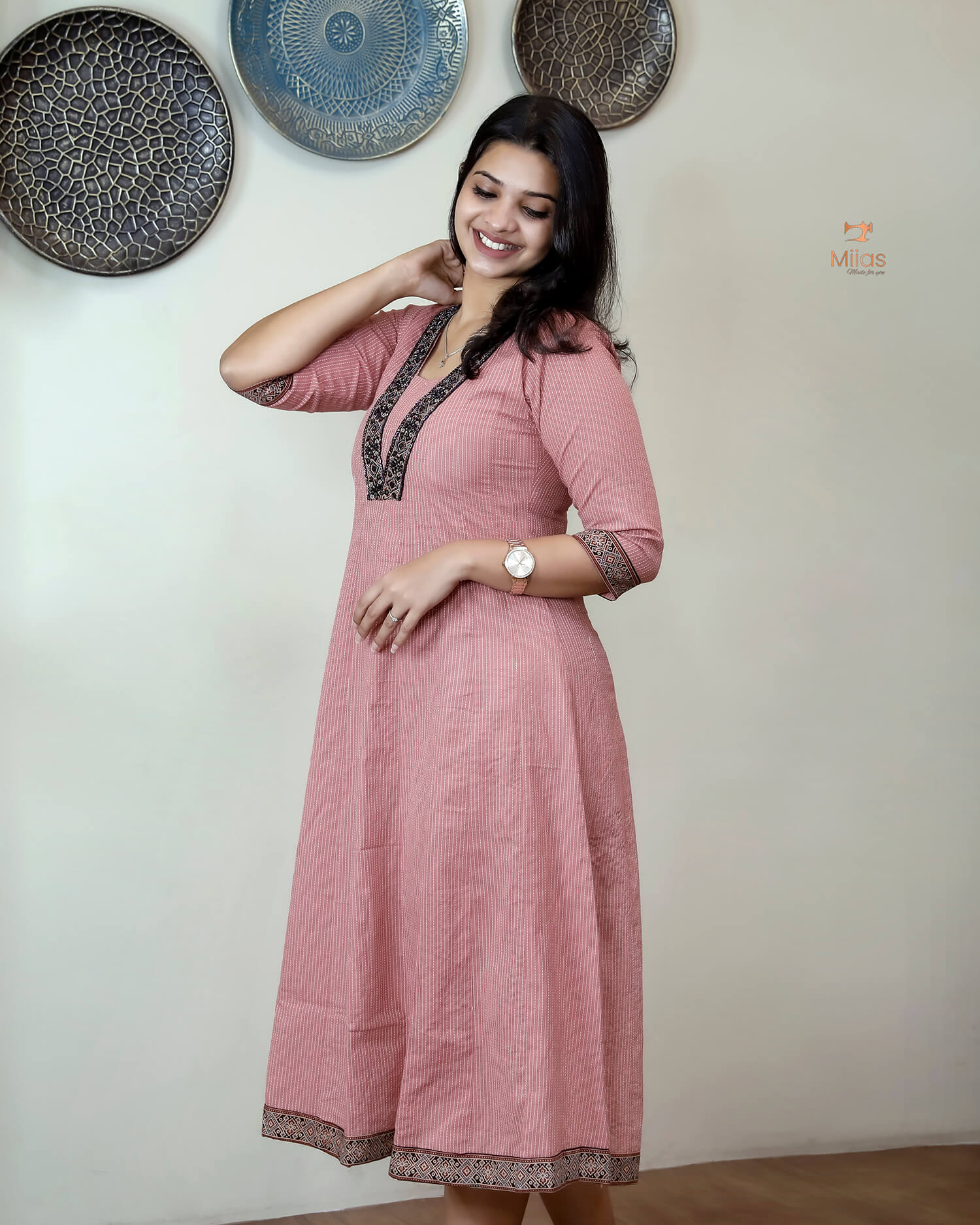 Kantha Cotton Kurti | Panel Cut with Ajrakh Print-Pink.