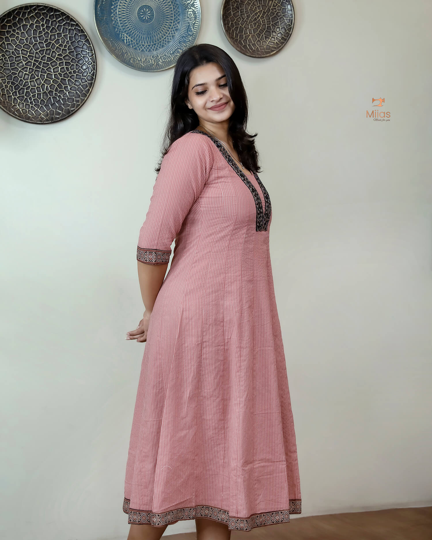 Kantha Cotton Kurti | Panel Cut with Ajrakh Print-Pink.