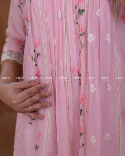 Mul Chanderi Dress Kurti | Embroidered Front + Lace + Lined | Baby Pink