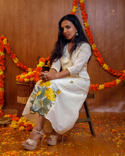 Embroidered Cotton Kurti | V-Neck A-Line | Handcrafted Elegance-Yellow