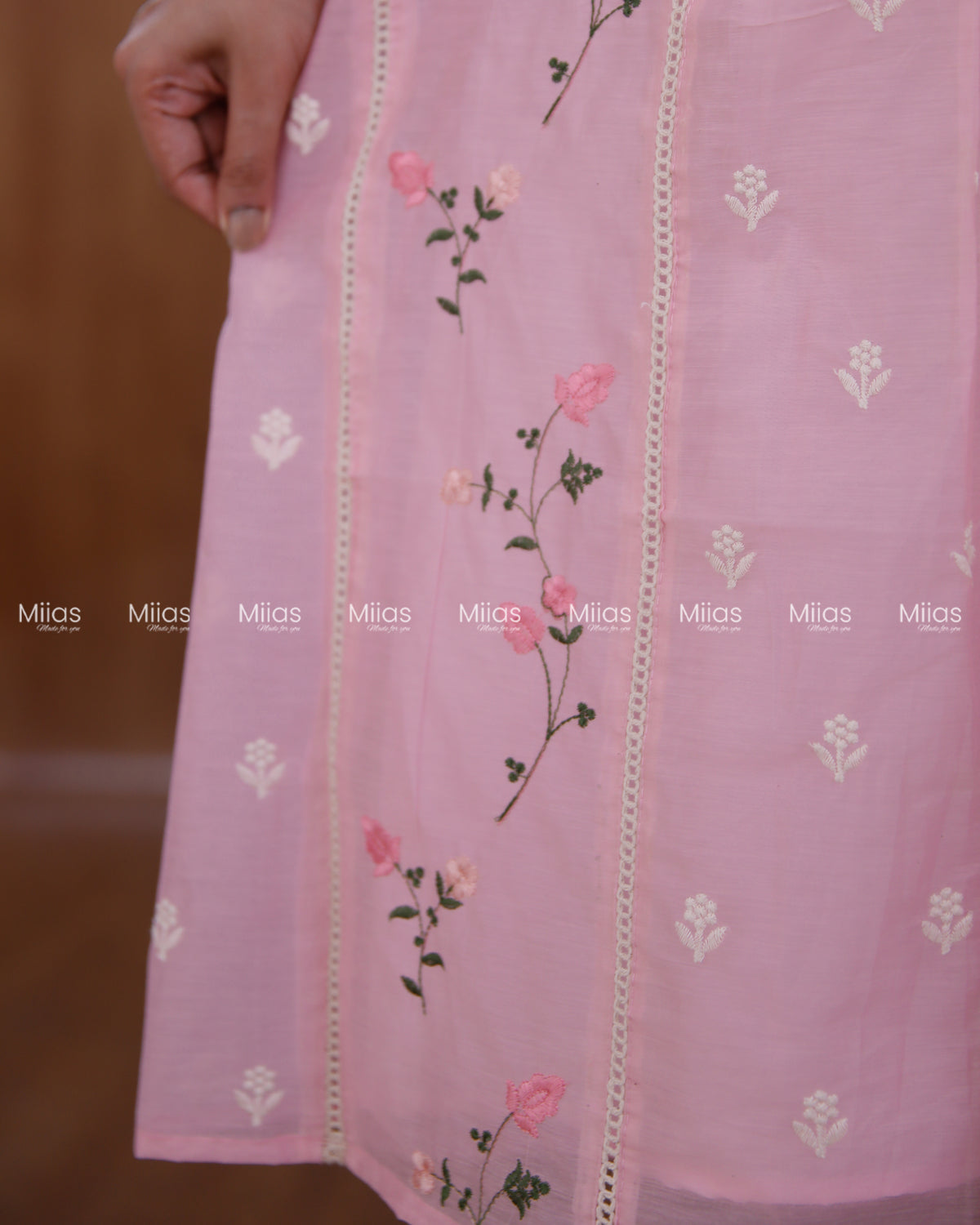 Mul Chanderi Dress Kurti | Embroidered Front + Lace + Lined | Baby Pink